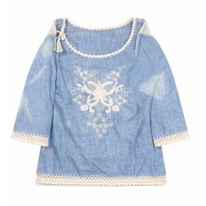 Lucky Brand Chambray Embroidered Peasant Blouse XS Boho Crochet Lace Top
